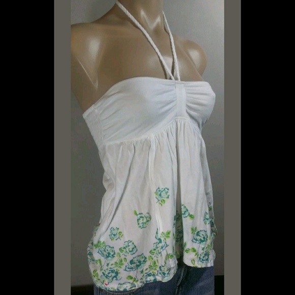 SO WHITE FLORAL HALTER TANK TUBE TOP SHIRT - Picture 2 of 8